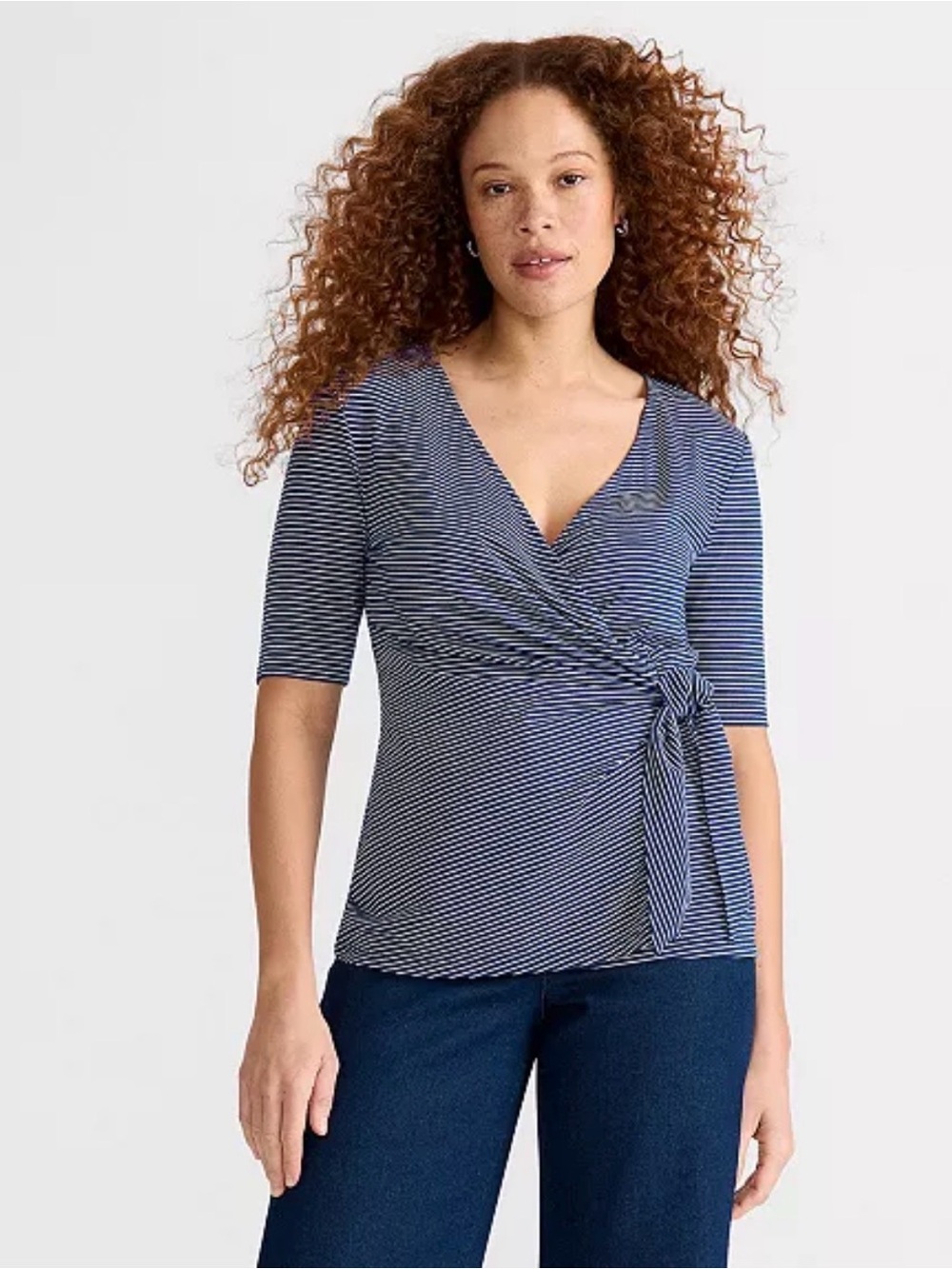 Lands' End Striped Elbow Sleeve Side Tie Jersey Blouse Navy White S/P- petite
